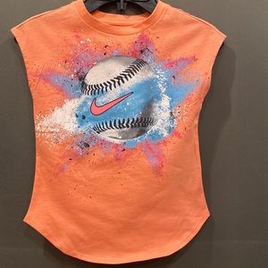 Nike Girls pink sleeveless t-shirt with blue baseball print on front Size S